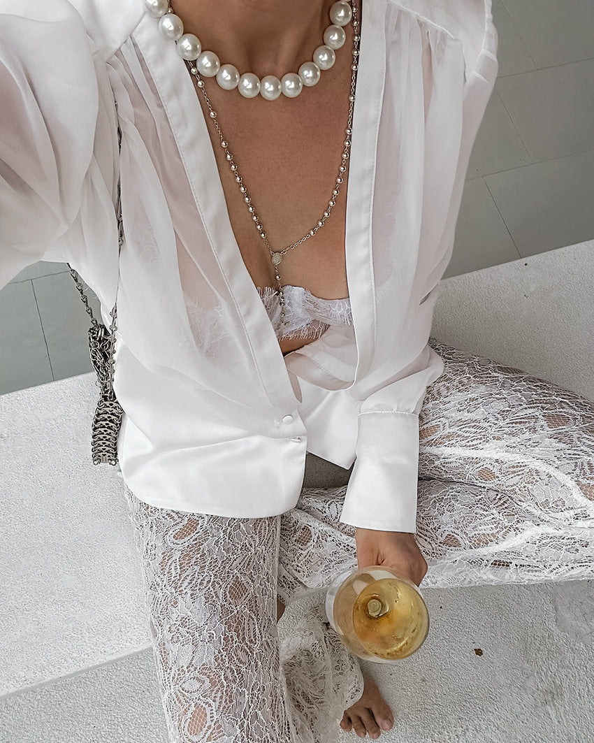 Elisa Deep Neck Sheer Button Blouse