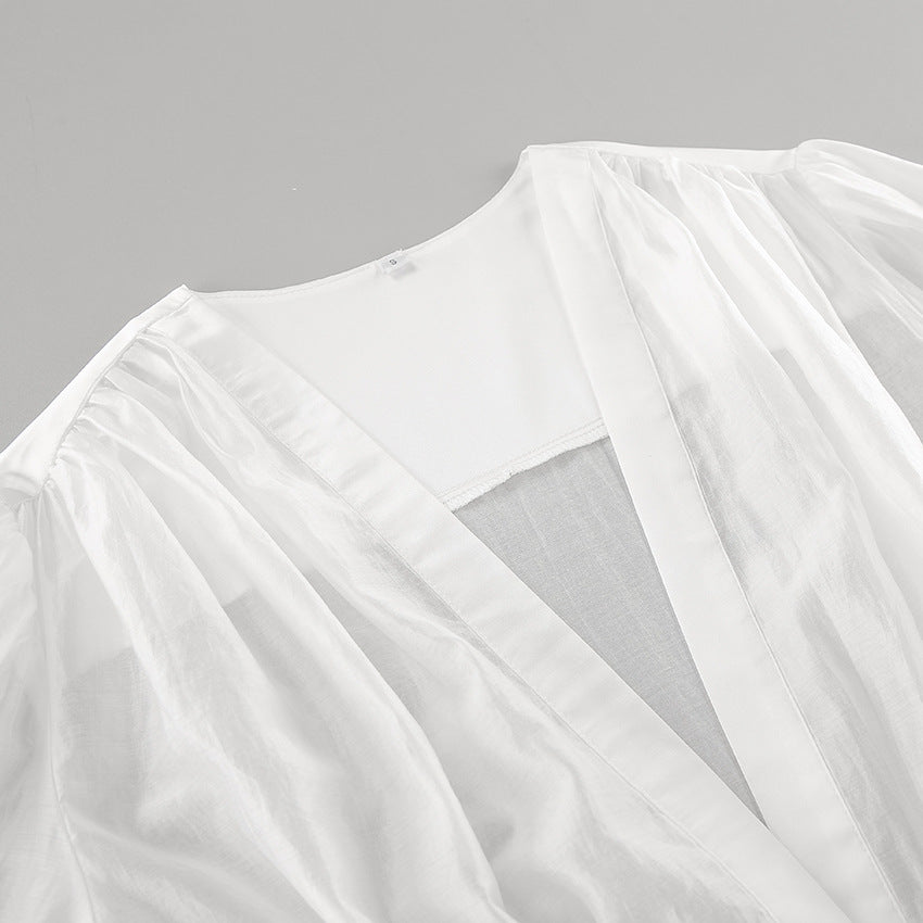 Elisa Deep Neck Sheer Button Blouse