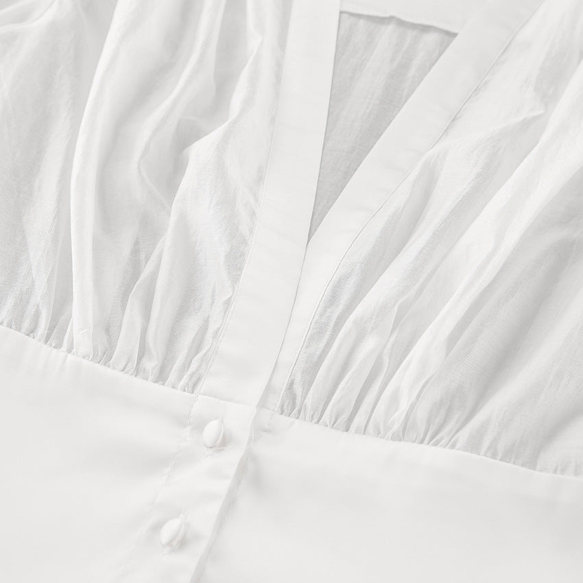 Elisa Deep Neck Sheer Button Blouse