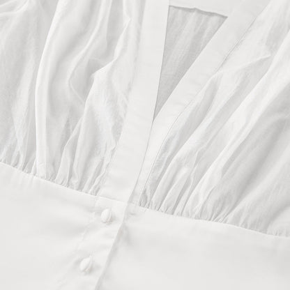 Elisa Deep Neck Sheer Button Blouse