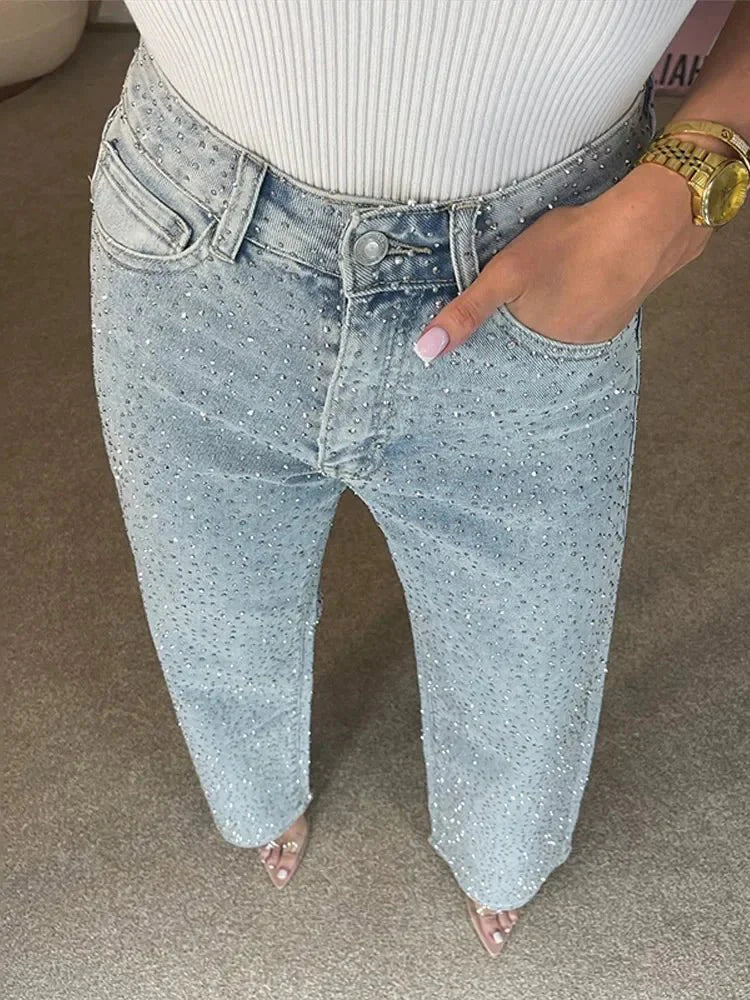 Eliana Wide Leg Denim Pants With Rhinestones