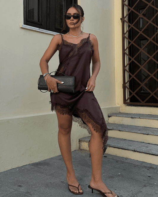 Arah Asymmetric Satin Lace Midi Dress