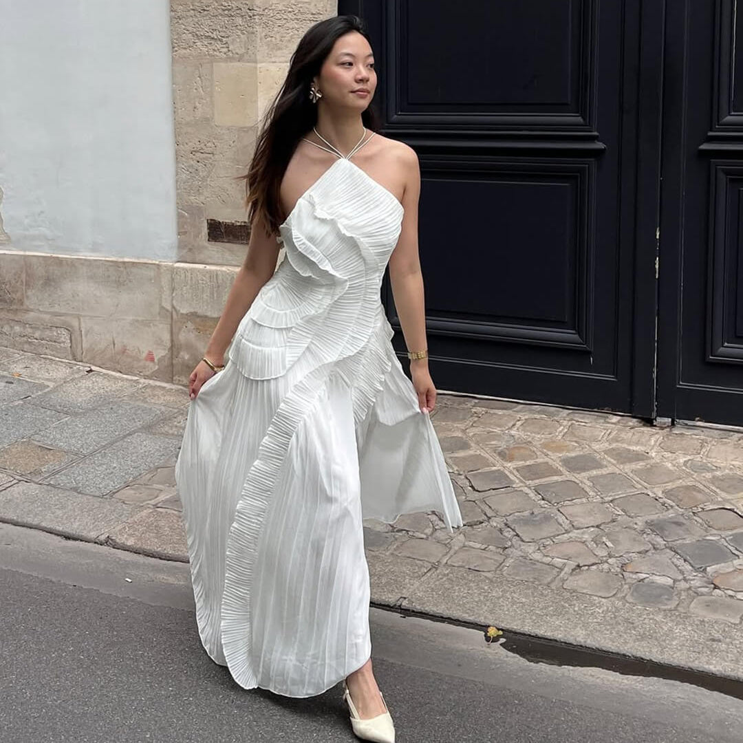 Ruffa Halter Strap Ruffled Tule Dress