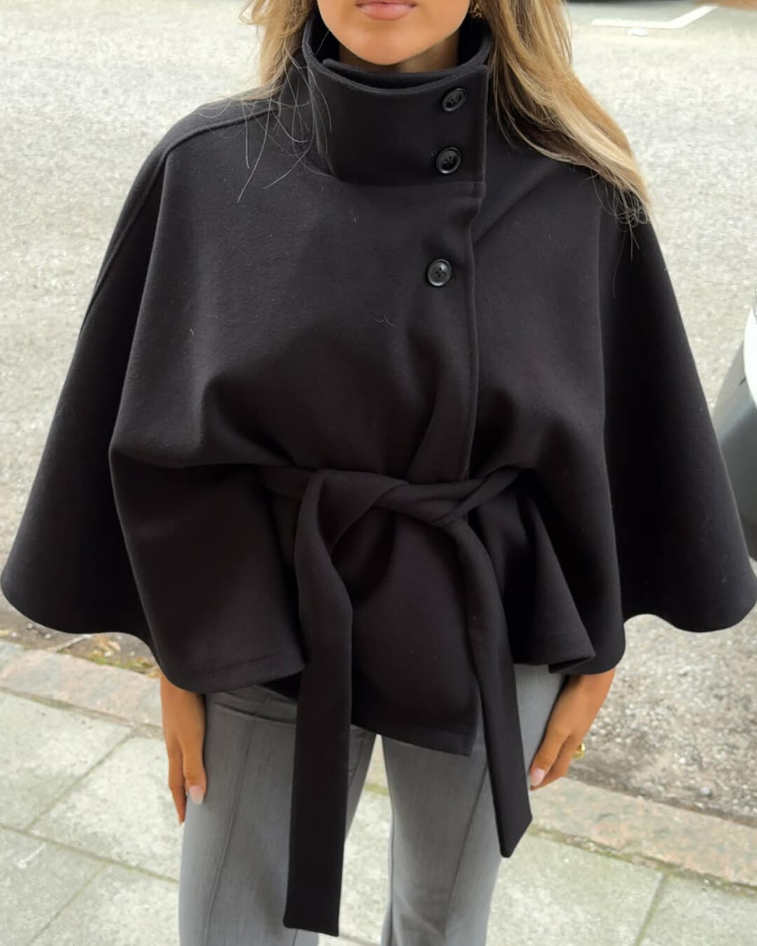 Gianna Elegant High-neck Belted Cape Jacket