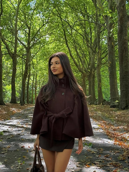 Gianna Elegant High-neck Belted Cape Jacket