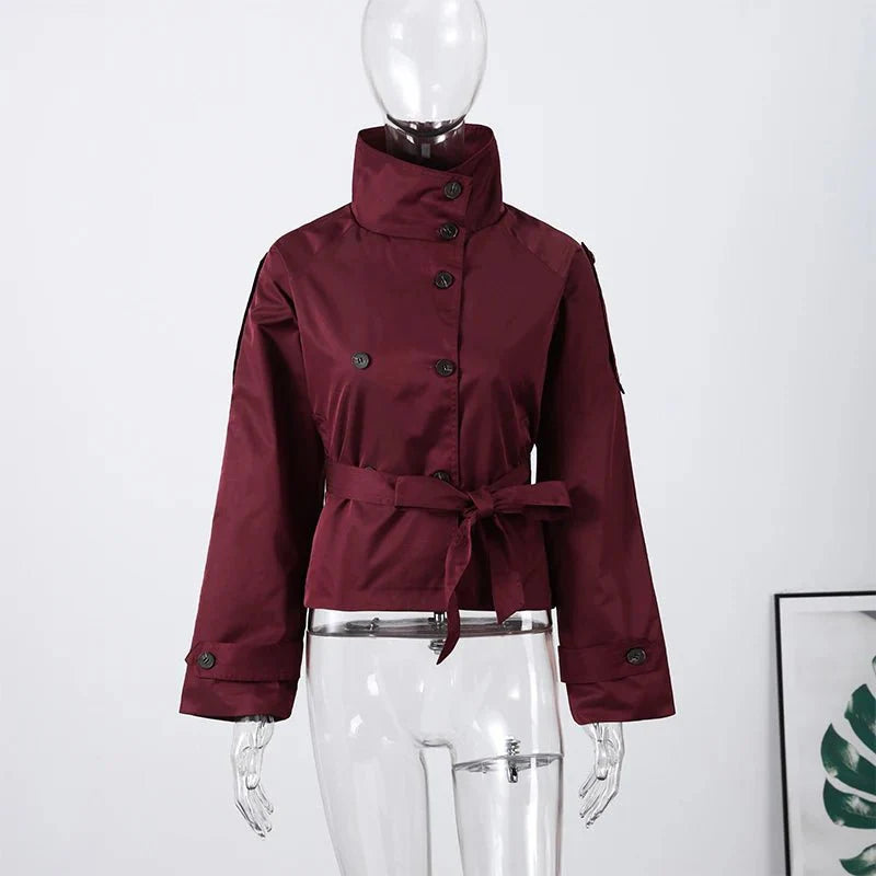 Kara Stand Collar Belted Crop Trenchcoat