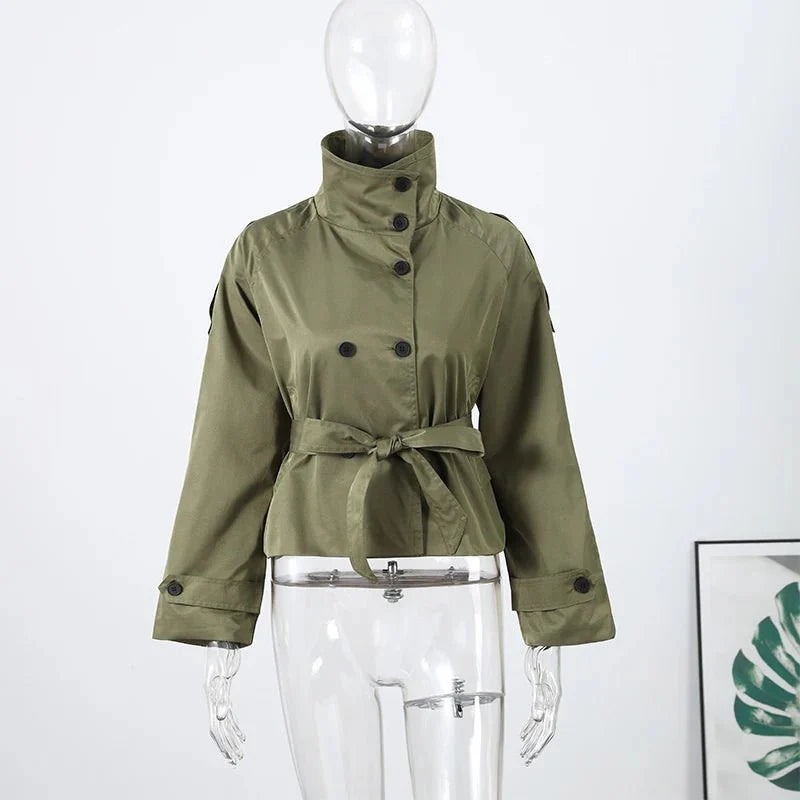 Kara Stand Collar Belted Crop Trenchcoat