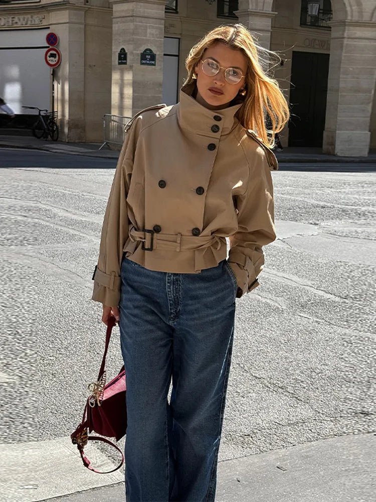 Kara Stand Collar Belted Crop Trenchcoat