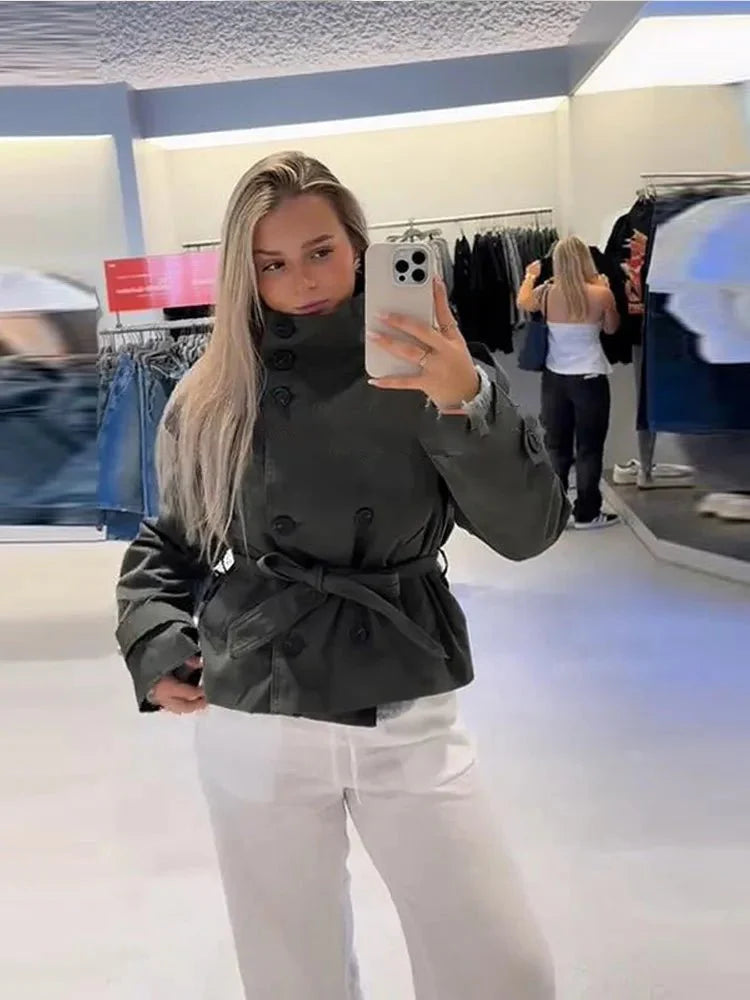 Kara Stand Collar Belted Crop Trenchcoat