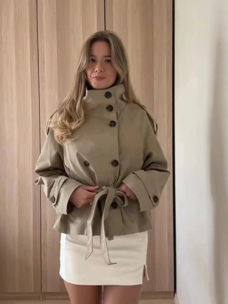 Kara Stand Collar Belted Crop Trenchcoat