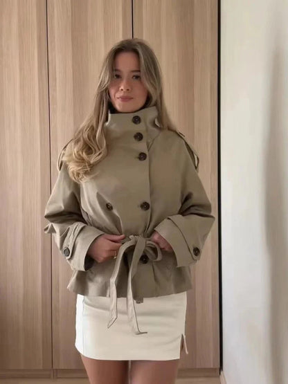 Kara Stand Collar Belted Crop Trenchcoat