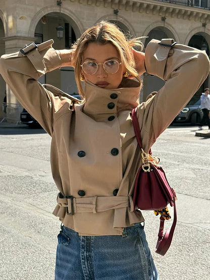 Kara Stand Collar Belted Crop Trenchcoat