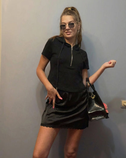 Johana Lace Trim Satin Mini Skirt