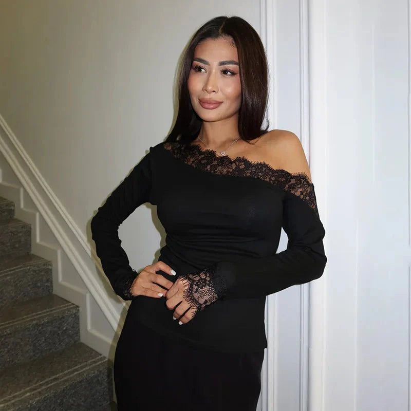 Lizzy Slant Shoulder Lace Long Sleeve Top