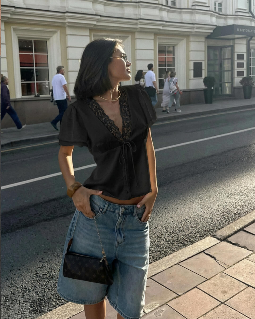 Rosette Lace Short Sleeve V-neck Top