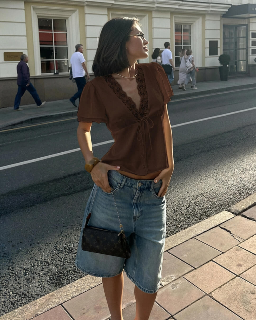 Rosette Lace Short Sleeve V-neck Top