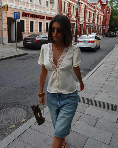 Rosette Lace Short Sleeve V-neck Top