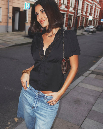 Rosette Lace Short Sleeve V-neck Top