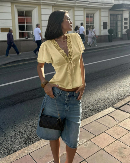 Rosette Lace Short Sleeve V-neck Top