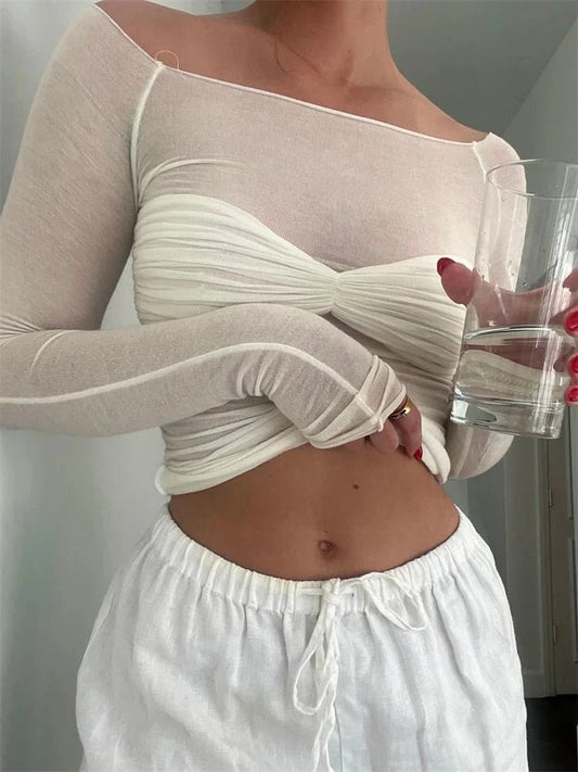 Sara Mesh Sheer Off-shoulder Top