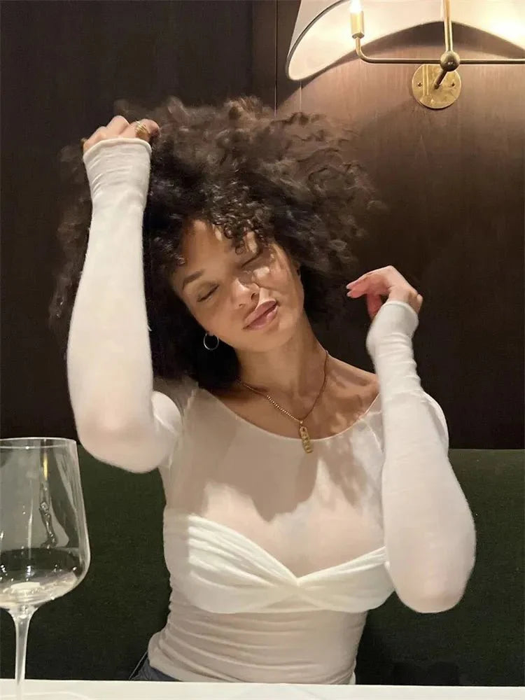 Sara Mesh Sheer Off-shoulder Top